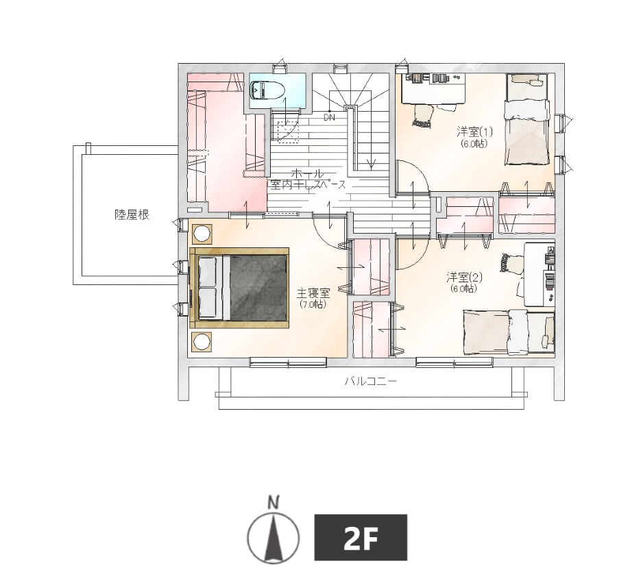 3LDK+書斎の2階建ての間取り事例