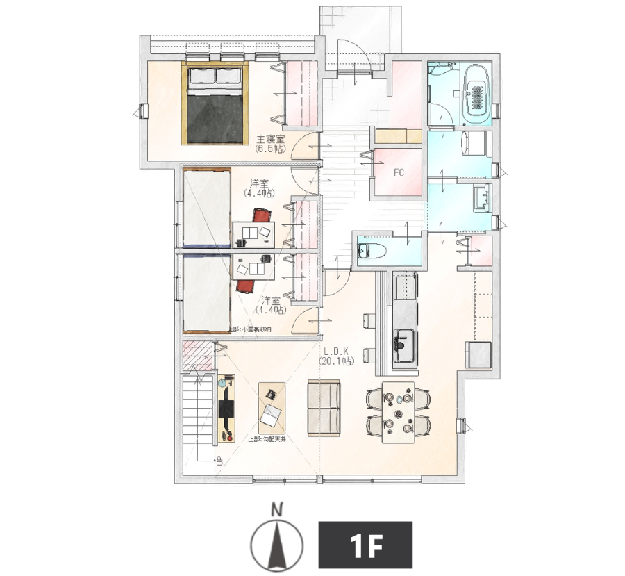 ミニマルな平屋1LDK間取り図