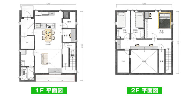 間口7.28m・北側入口・奥行9.1m の間取り図